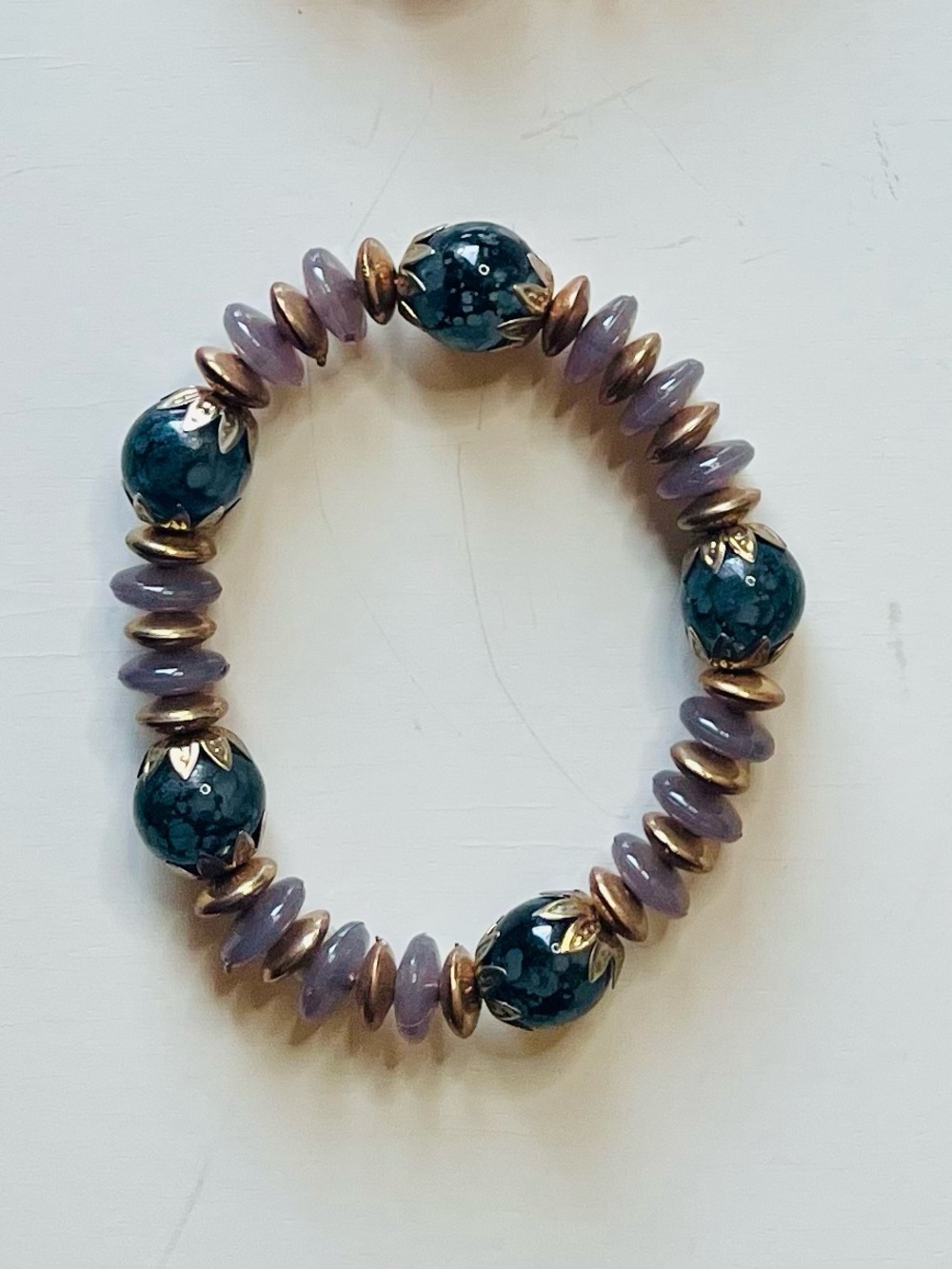Dark Teal Marble Bead & Lavender Stretch Bracelet Gold Accent- NWOT